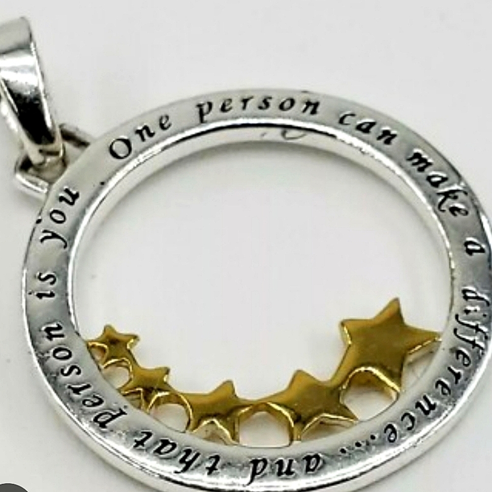 .925 Silver Circle W Gold Stars 'One Person Can Make A Difference....' Necklace